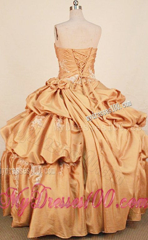 Gold Strapless Appliques Beaded Ruching Flowers Sweet 15 Dresses